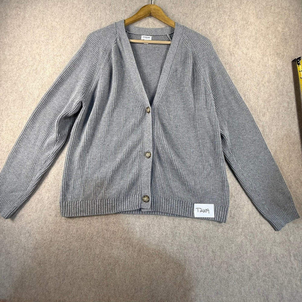 J.Crew Gray Ribbed V-Neck Cardigan Sweater Large Raglan Sleeve Button Front